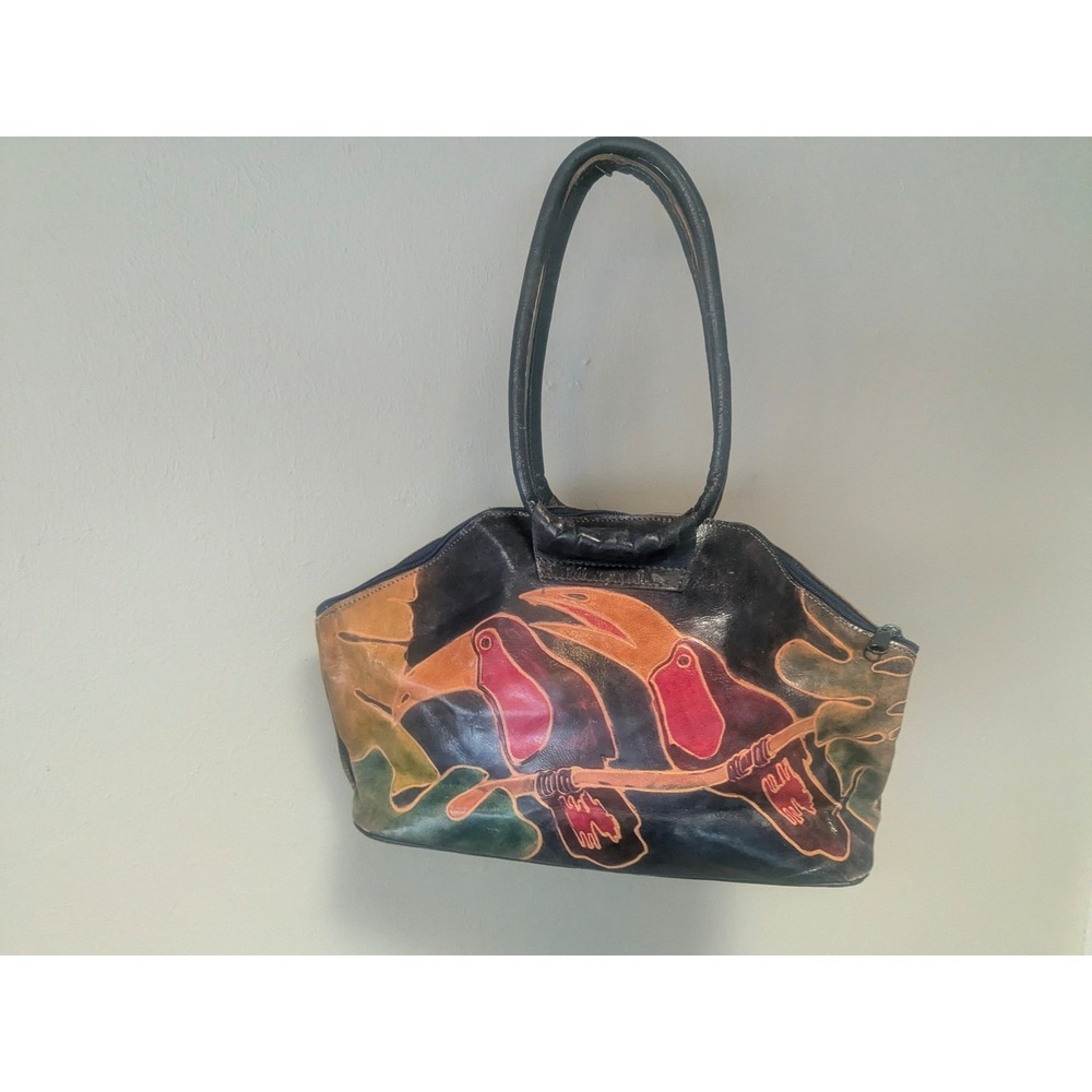 Vintage India Hand Painted Leather Bird Handbag  Boho Purse